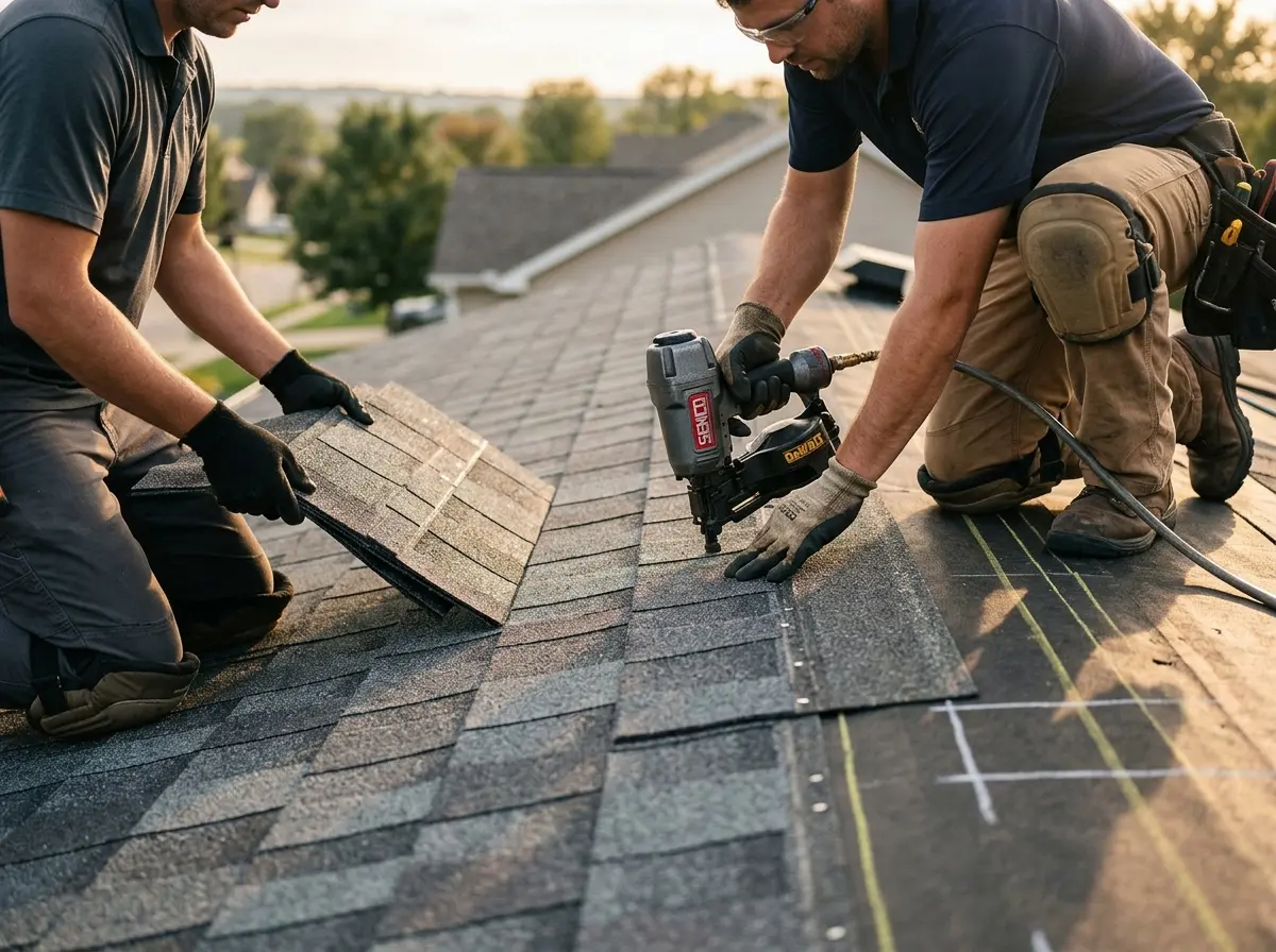 Professional roofer working on a residential roof in Clawson
